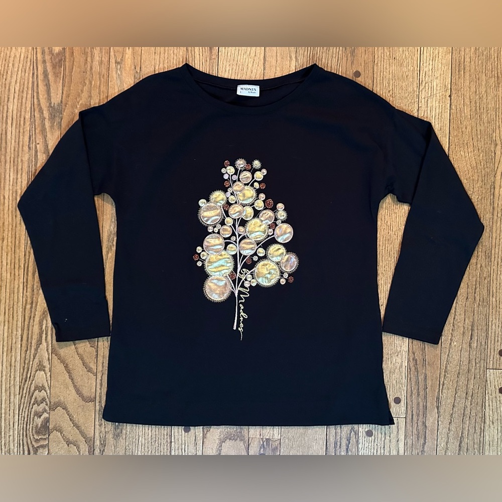 Women’s Long-Sleeved Black T-Shirt With Gold Botanical Design, Size Medium